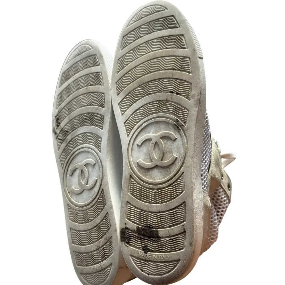 Chanel CC Logo White Mesh Suede High Top Sneakers Made in Italy